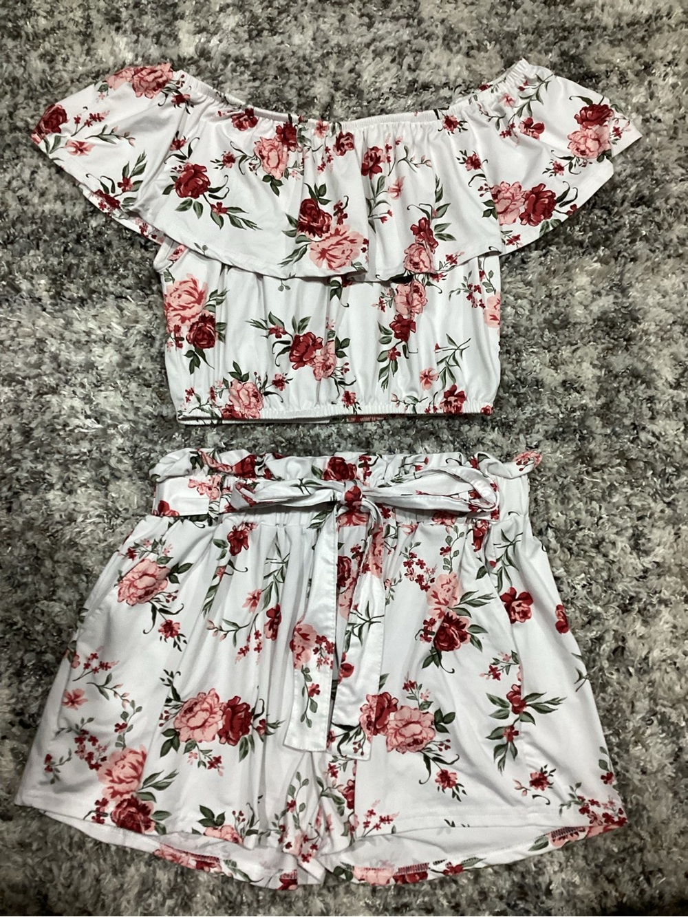 Women’s White Floral Off-Shoulder Top & Shorts Set